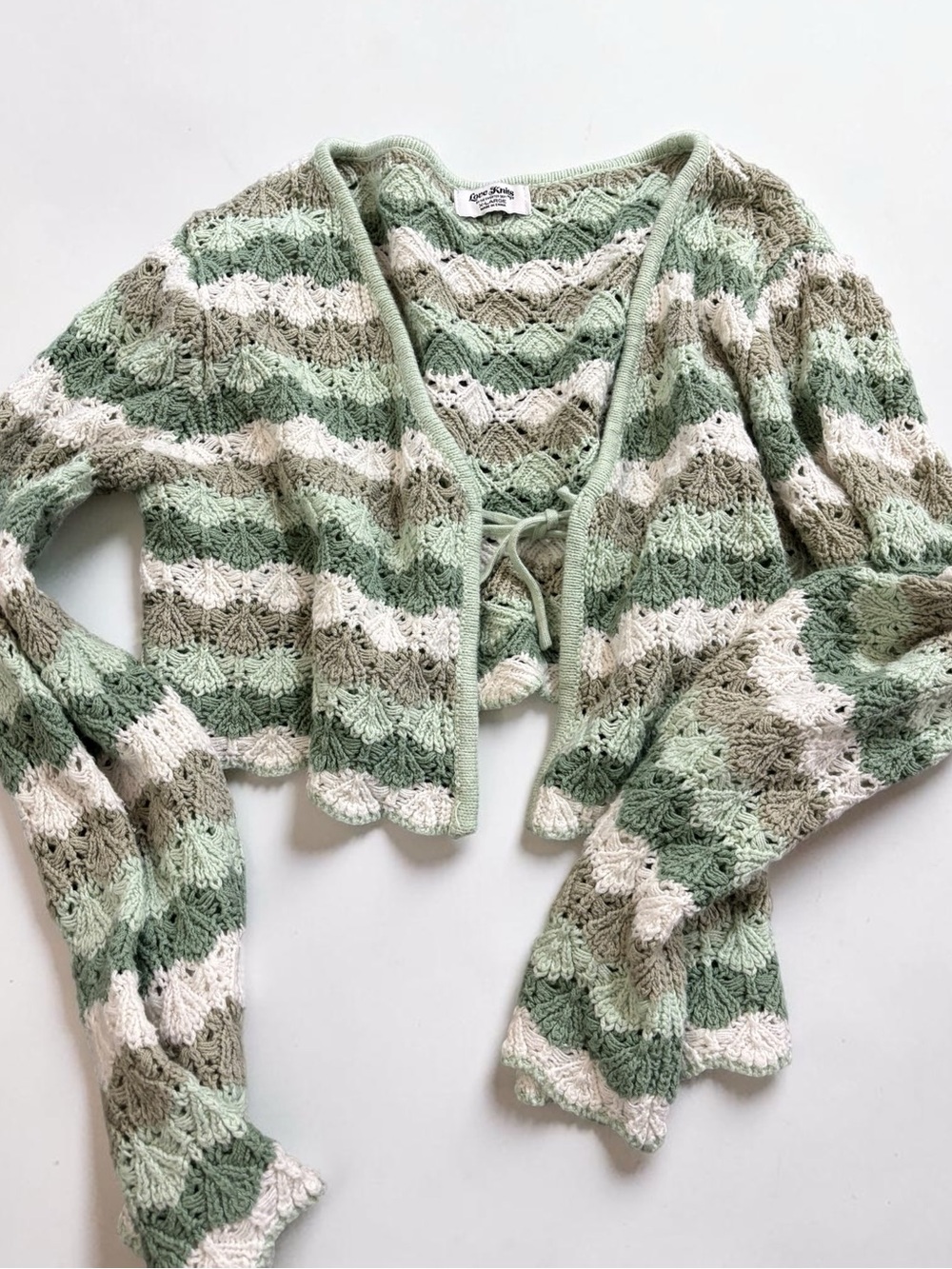 Boho Crochet Bell Sleeve Tie-Front Cardigan Open Knit Sage Green Cottagecore XL